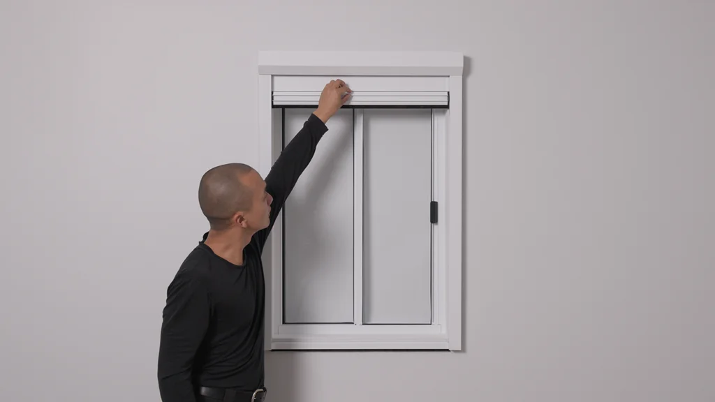 A person standing at a window shade opened near the top