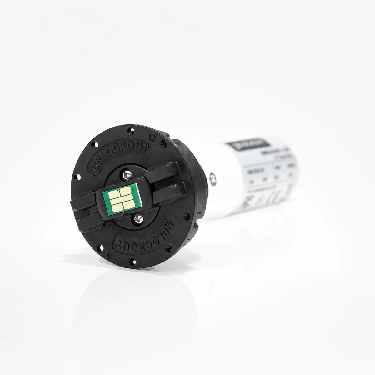 UBlockout shade motor unit showing the drive head and contact chip