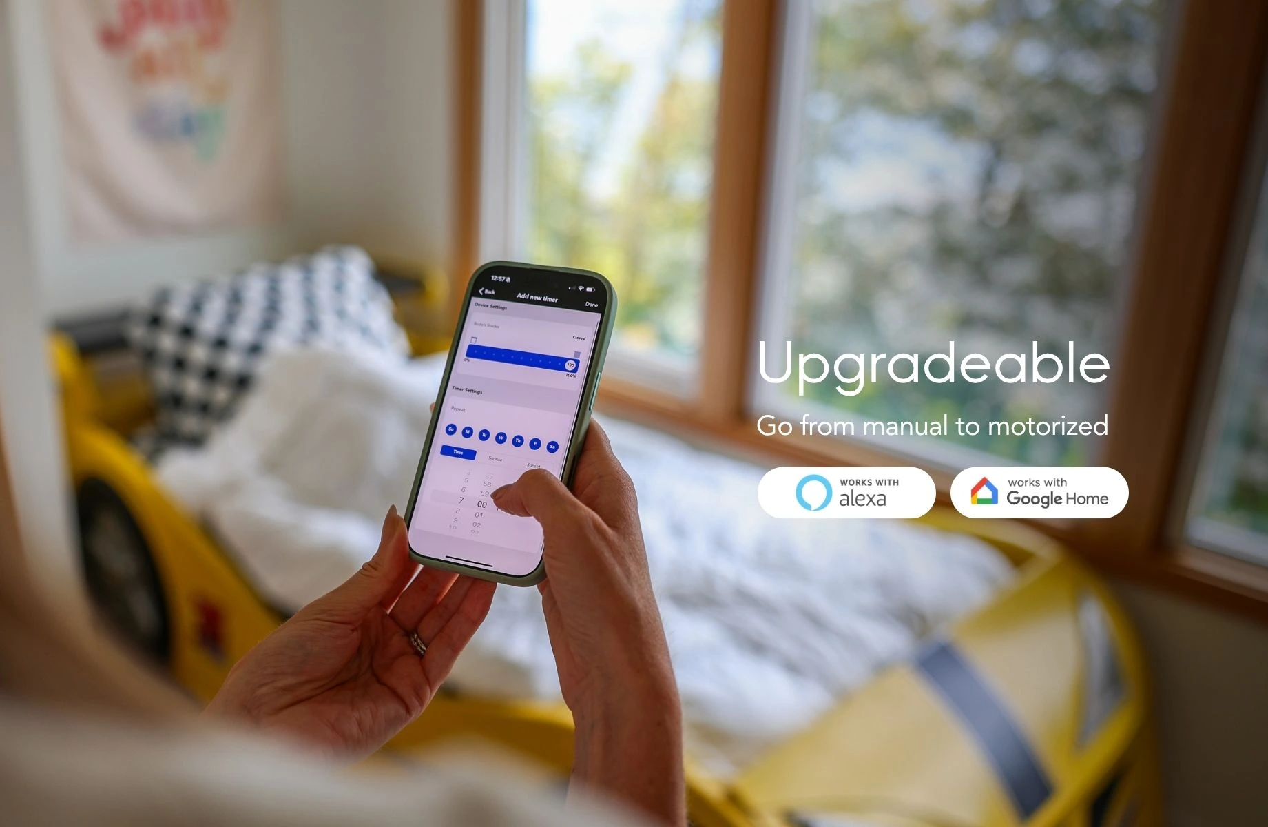 Upgradeable — manual to motorized, works with Alexa and Google Home