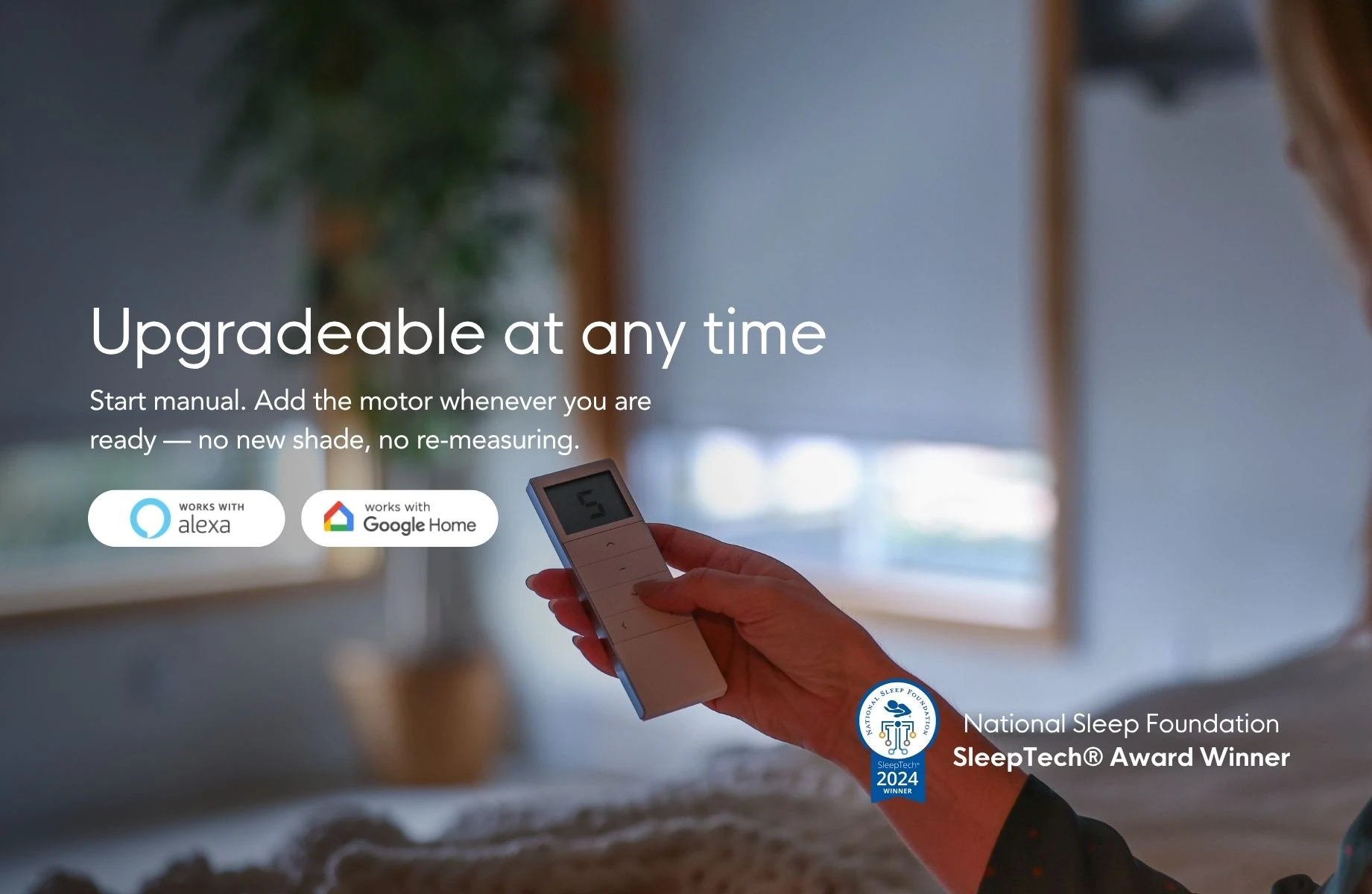 Upgradeable at any time — start manual and add the motor later, works with Alexa and Google Home. National Sleep Foundation SleepTech Award winner