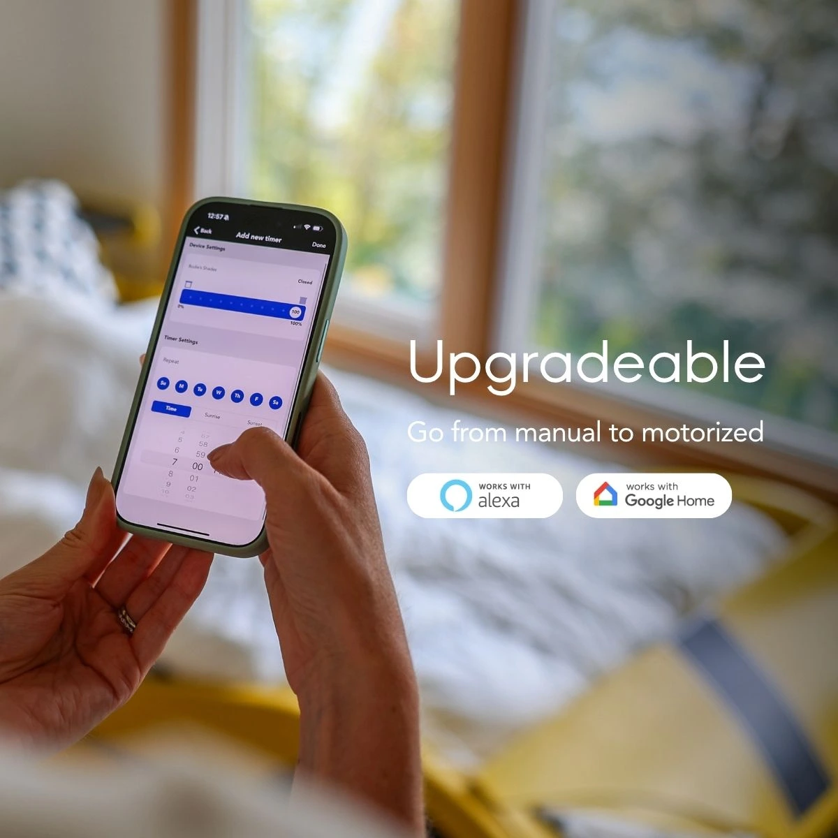 Upgradeable — manual to motorized, works with Alexa and Google Home