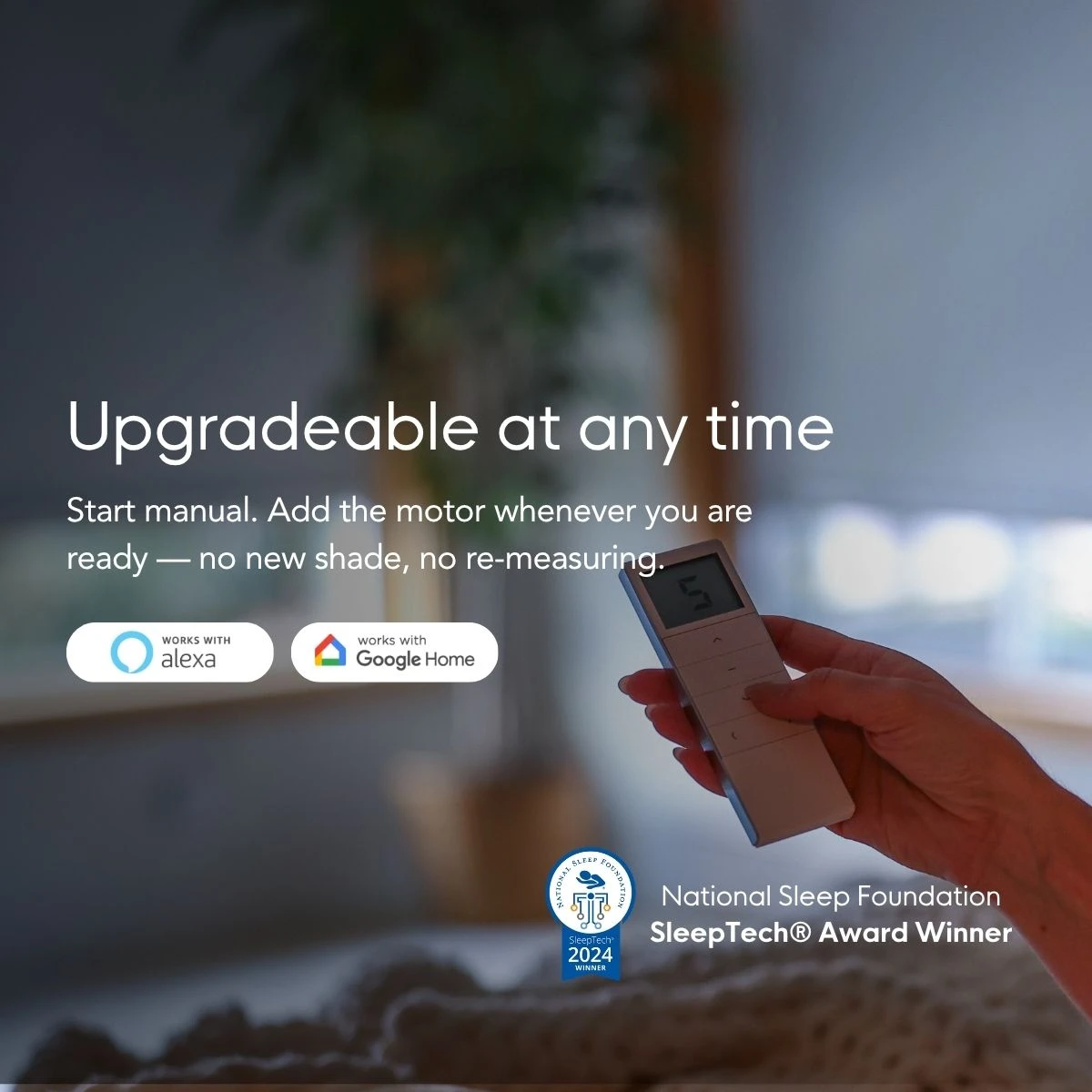 Upgradeable at any time — start manual and add the motor later, works with Alexa and Google Home. National Sleep Foundation SleepTech Award winner