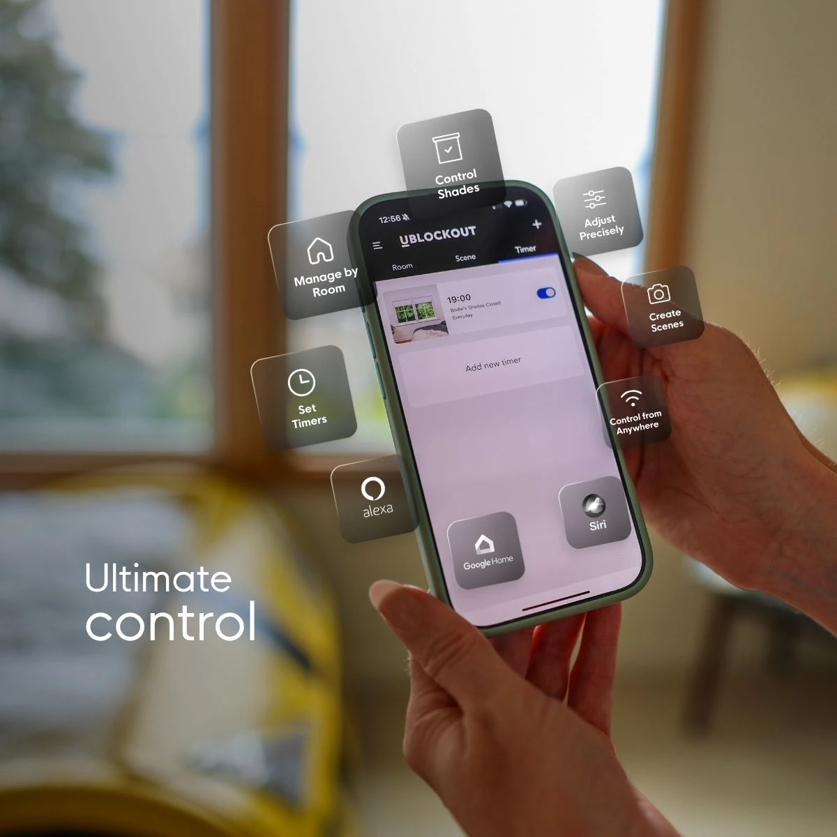 Ultimate control — the UBlockout app controls shades by room, sets timers and scenes, and works with Alexa, Google Home and Siri