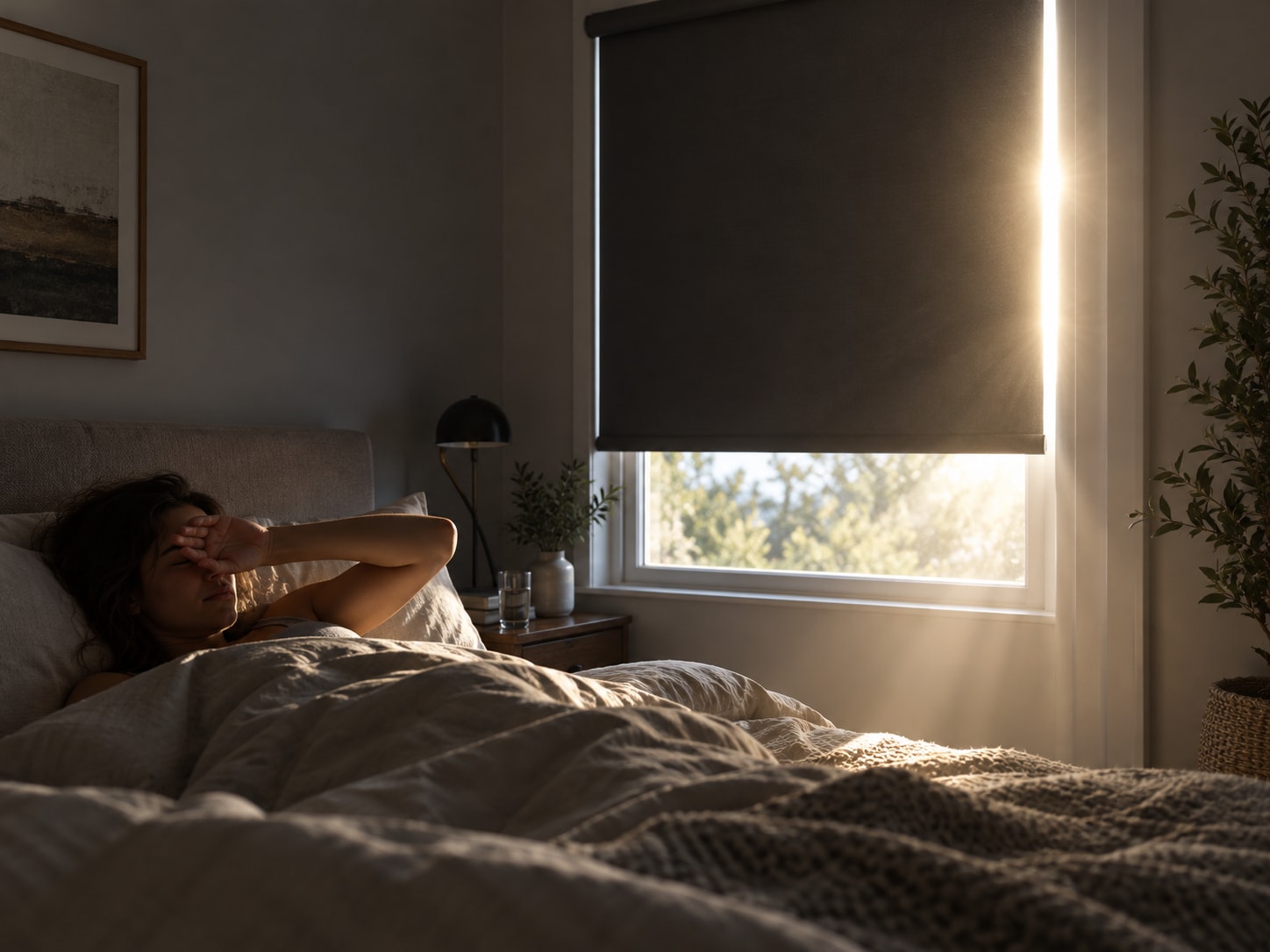 A woman woken by daylight streaming down the side of a roller shade