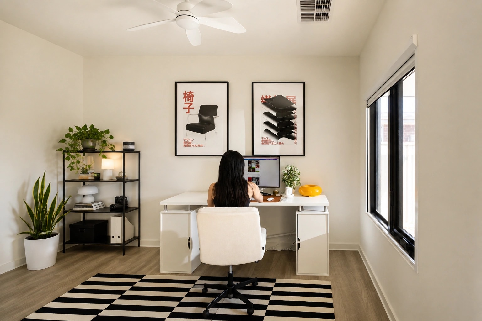 Home office with the shade controlling daytime glare